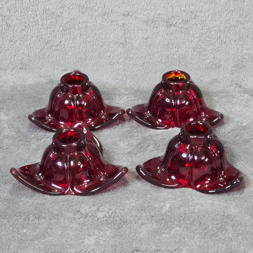 Vintage Ruby Red Glass Flower Candle Holders Set of 4 Star Shape Retro Decor